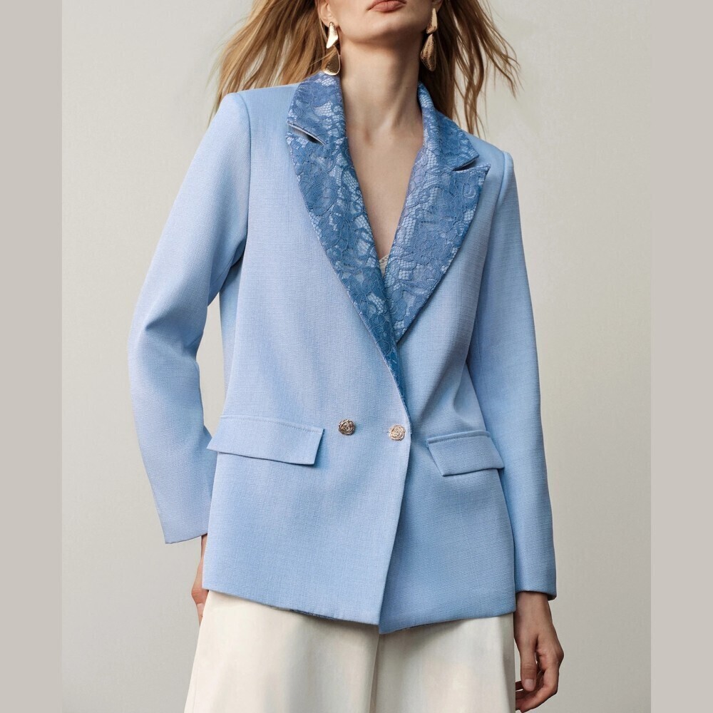 Sky Blue Lace Lapel Double Breasted Oversized Blazer